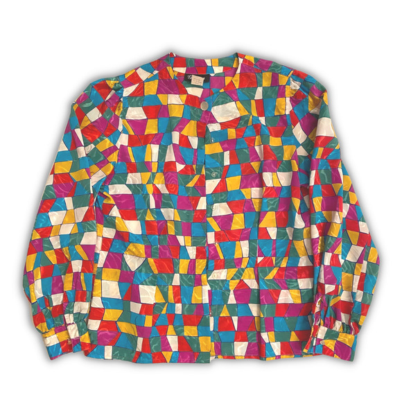 VTG 80?s 90s? Gianna Women's Colorblock Blouse Button Front Polyester Sz 10 READ - Picture 3 of 5